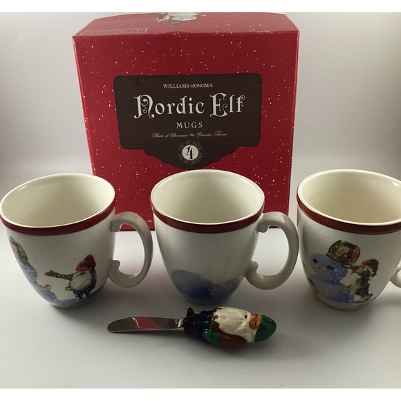 William Sonoma Nordic Elf Pre-Owned 3 Piece Mug Set And Santa Spreader - Picture 1 of 13